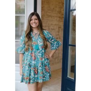 Jude Connally Maria Babydoll Dress in Teal Floral, size XL